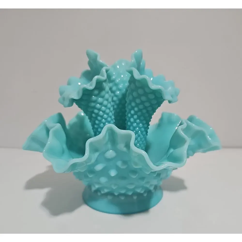 Fenton Aqua Milk Glass Three Horn Hobnail Epergne Vase/Bowl Mint Condition